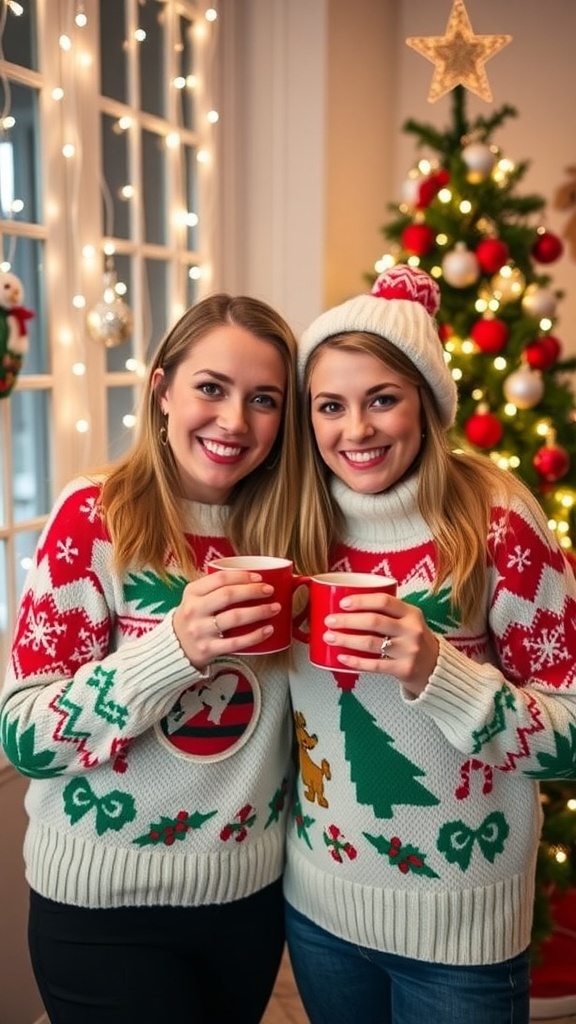 Two friends in matching Christmas sweaters with hot cocoa mugs, smiling in front of a Christmas tree.
